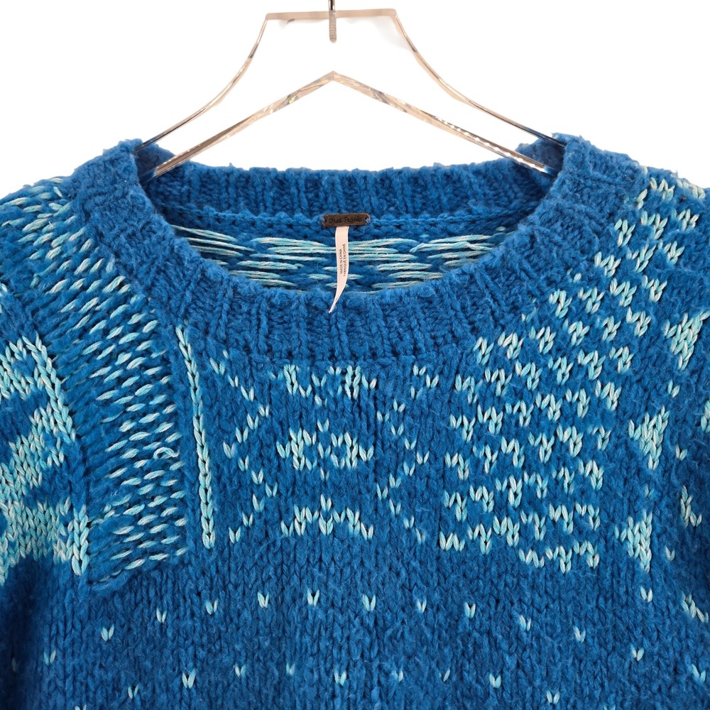Free People Snow Day Pullover Sweater Frozen Lake Combo‎ Blue Fair Isle XS - Picture 4 of 10